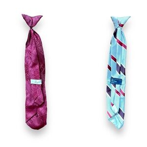 2 VTG Boys Clip On Tie Zuik & JC Penny Burgundy Silver Blue Stripe  Suit Church